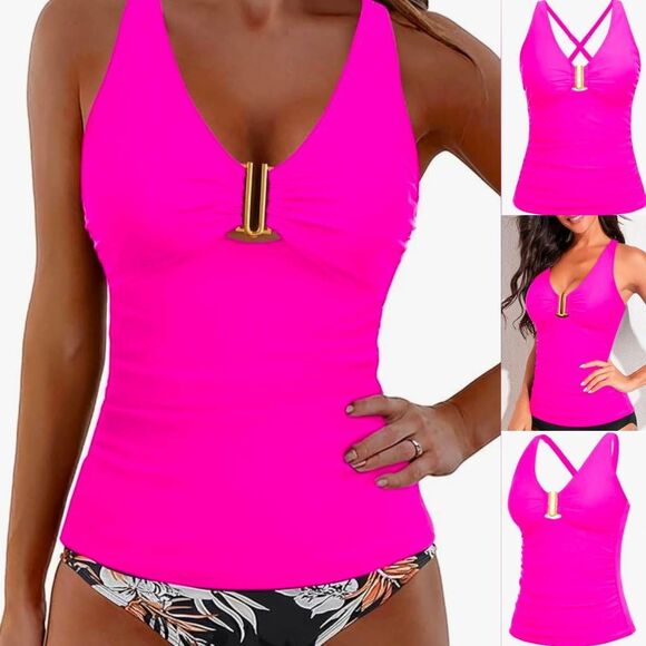 ⏭️NWT Neon Pink & Gold U-Buckle Adjustable Tankini Swim Top Medium - Picture 12 of 13
